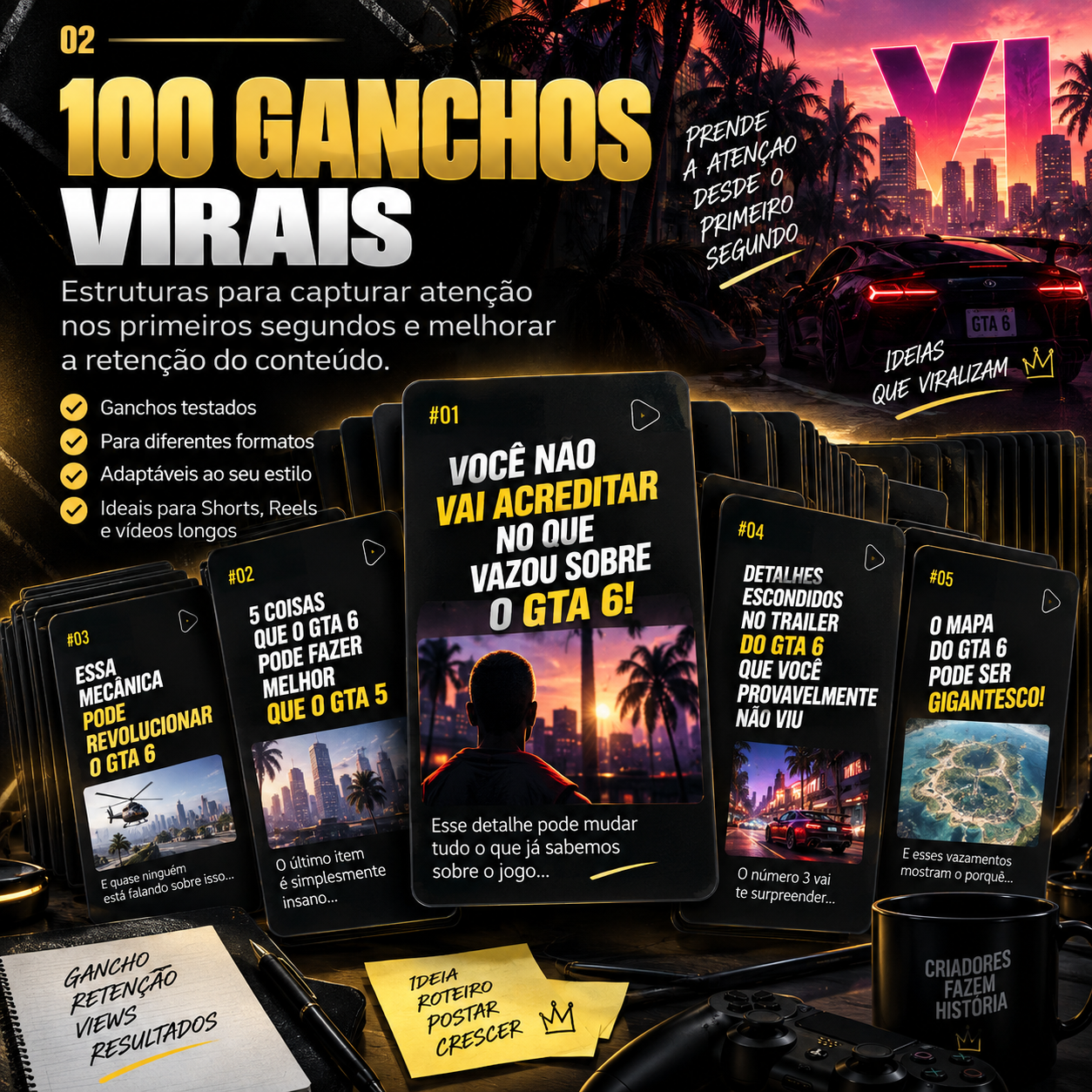 100 ganchos virais para conteúdo sobre GTA VI — cards com aberturas prontas para vídeos