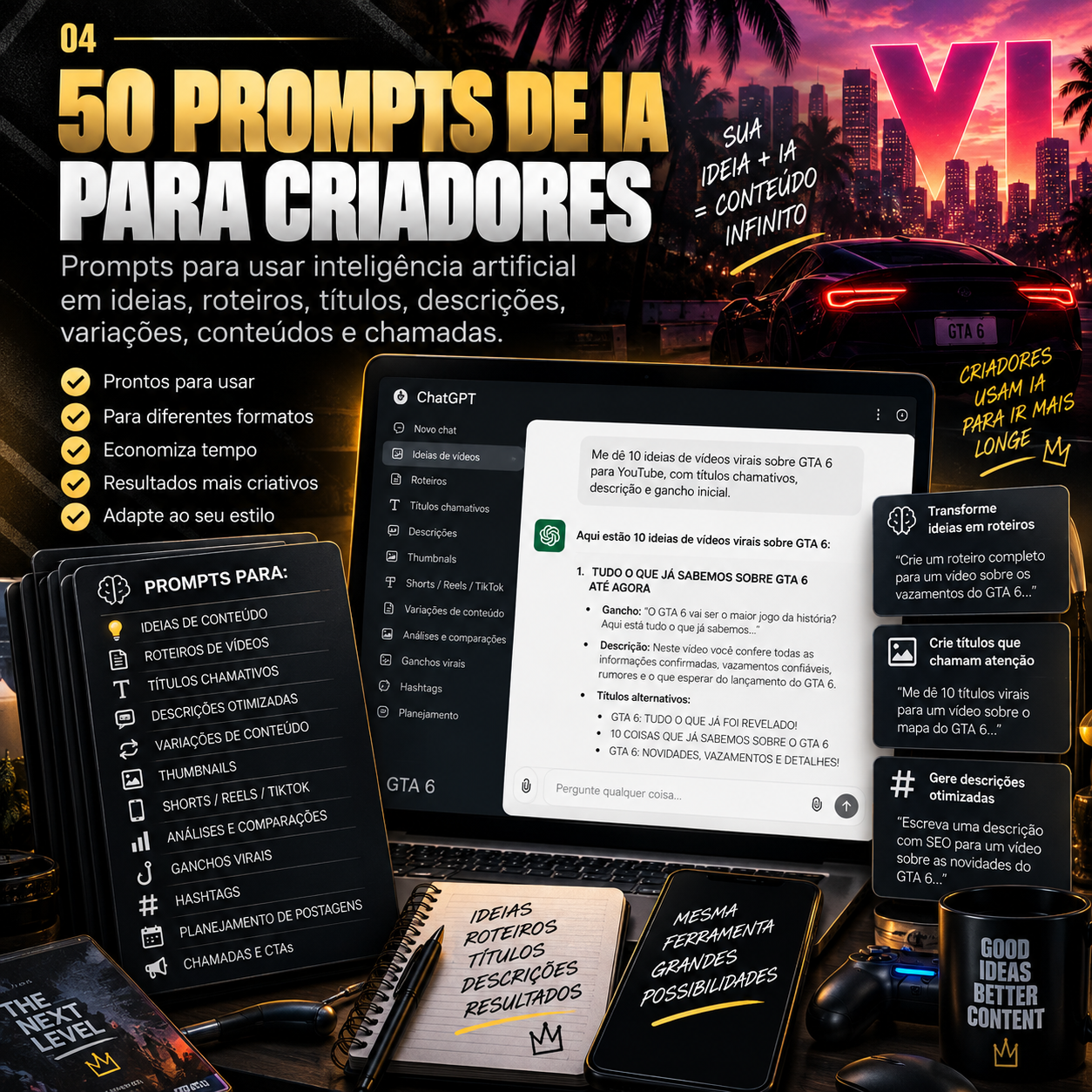 50 prompts de IA para criadores sobre GTA VI — notebook com ChatGPT e categorias de prompts para ideias, roteiros, títulos, descrições e thumbnails
