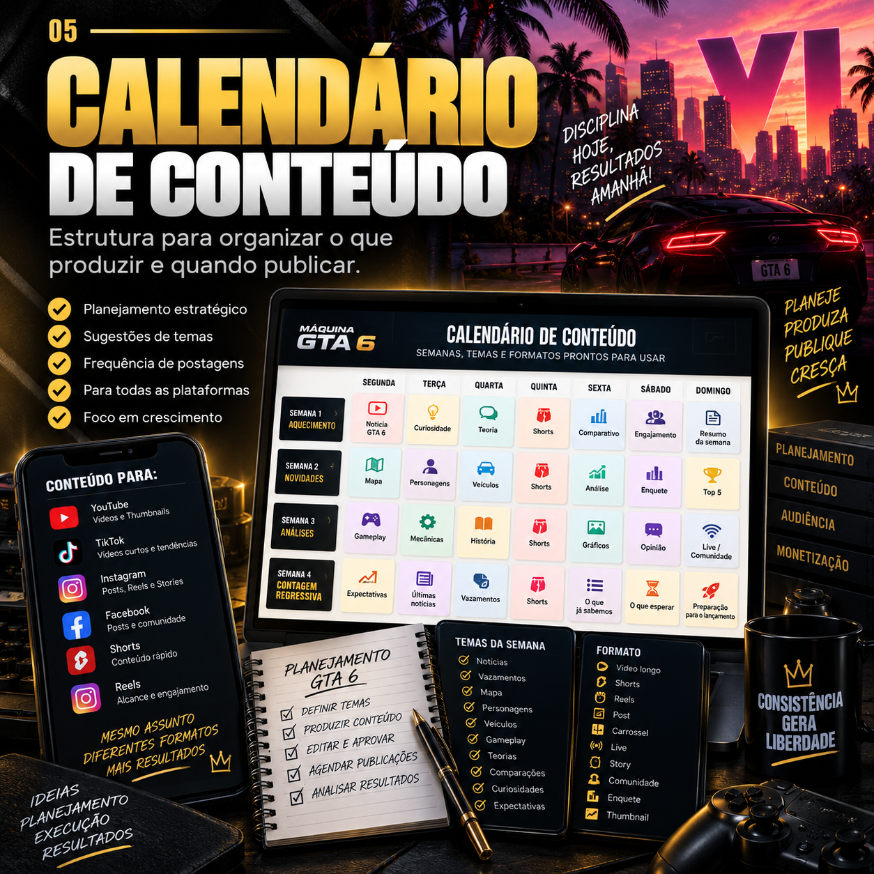 Calendário de conteúdo da Máquina GTA VI — tablet com grade semanal de temas e planner de planejamento sobre fundo noturno de GTA VI