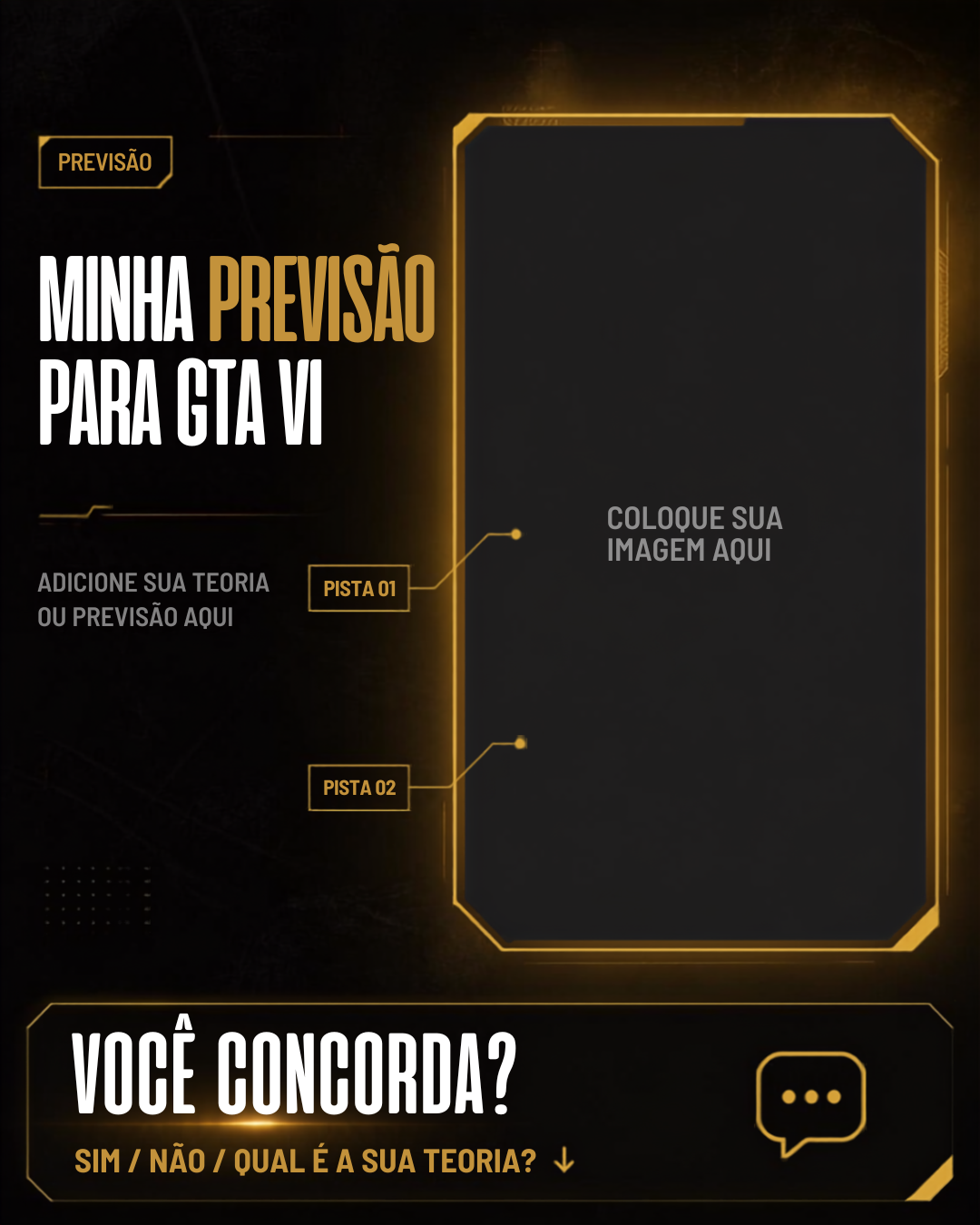 Template para Instagram e Facebook — Minha previsão para GTA VI, com pistas 01 e 02 apontando para a imagem e chamada para comentários