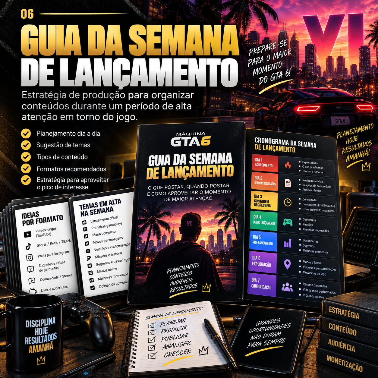 Guia da semana de lançamento da Máquina GTA VI — caderno com planejar, produzir, publicar, analisar e crescer, cronograma dos dias 1 a 7 e temas em alta sobre fundo noturno de GTA VI