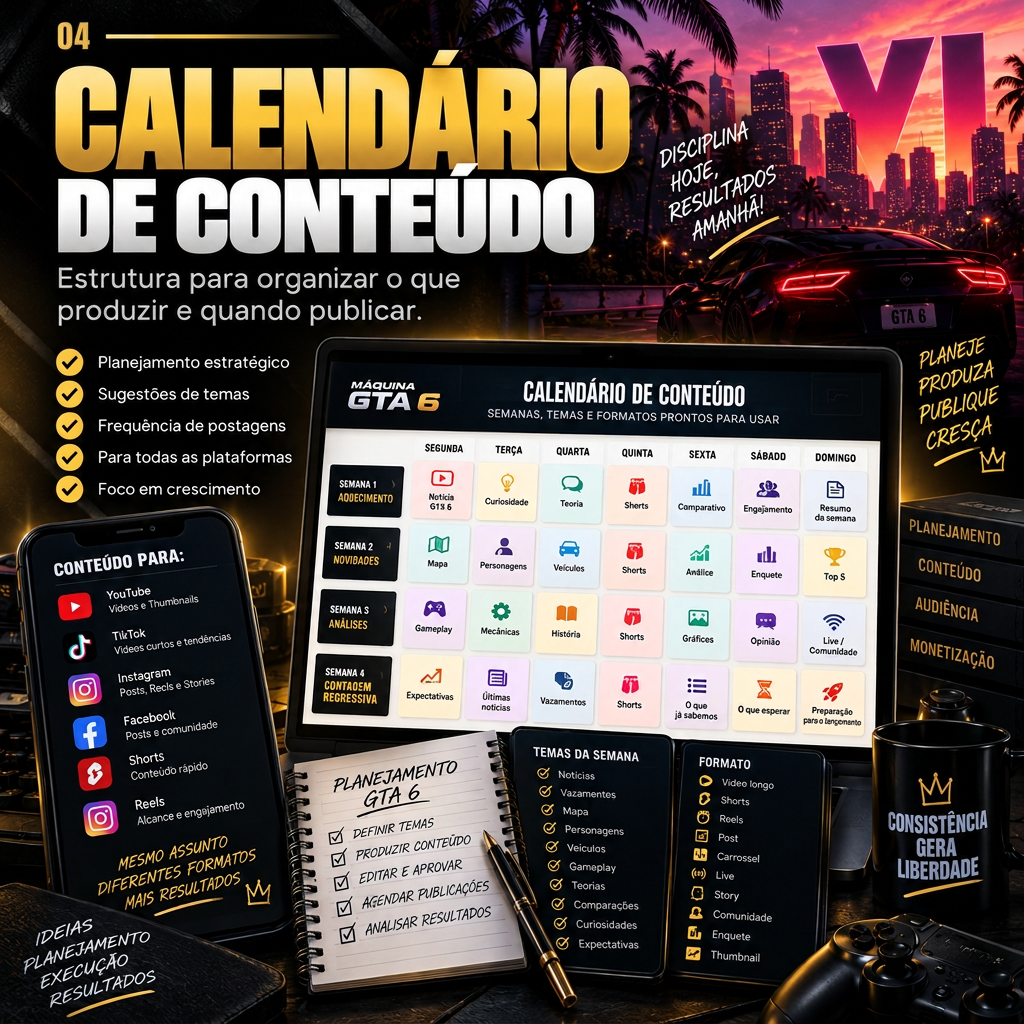 Calendário de conteúdo da Creator Academy — tablet com grade semanal de temas e planner de planejamento sobre fundo noturno de GTA VI
