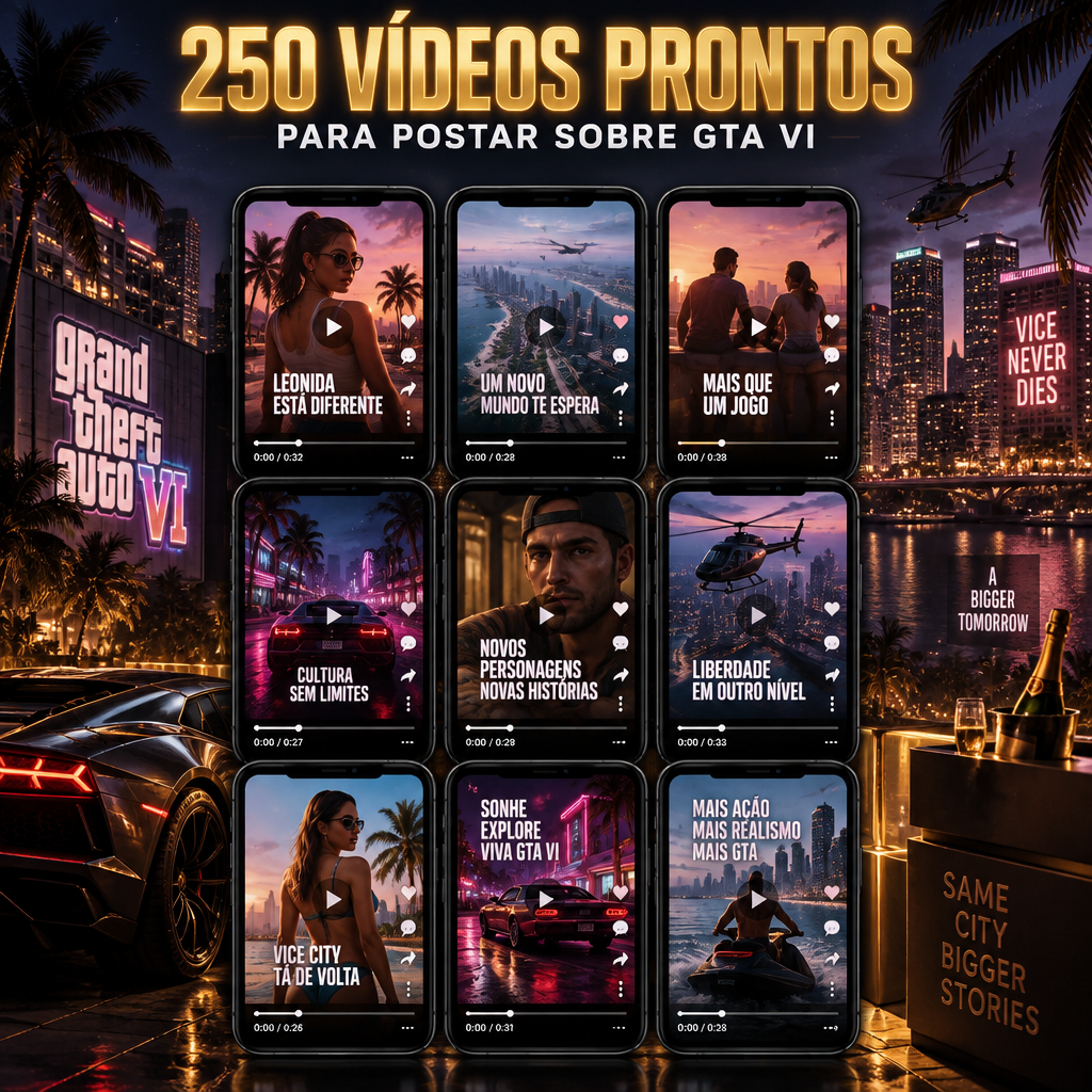 250 vídeos prontos para postar sobre GTA VI — grade de vídeos verticais prontos em telas de celular sobre cidade neon à noite